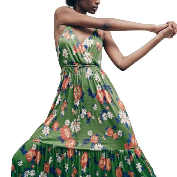 Zara Dresses & Skirts - Zara Bloggers Fav Green Floral Midi Dress sz S Surplice V Neck Spring Summer
